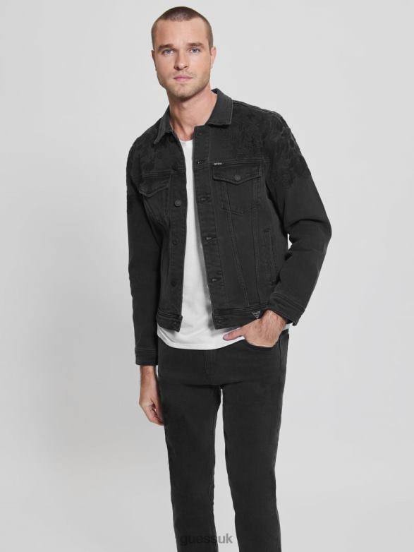 GUESS Men Dillon Embroidered Denim Jacket Jet Black Floral Apparel V28V64185
