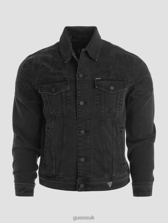 GUESS Men Dillon Embroidered Denim Jacket Jet Black Floral Apparel V28V64185