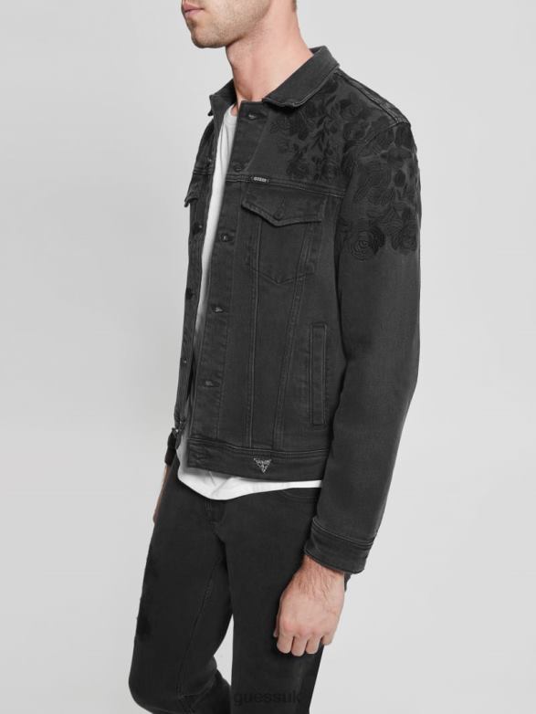 GUESS Men Dillon Embroidered Denim Jacket Jet Black Floral Apparel V28V64185