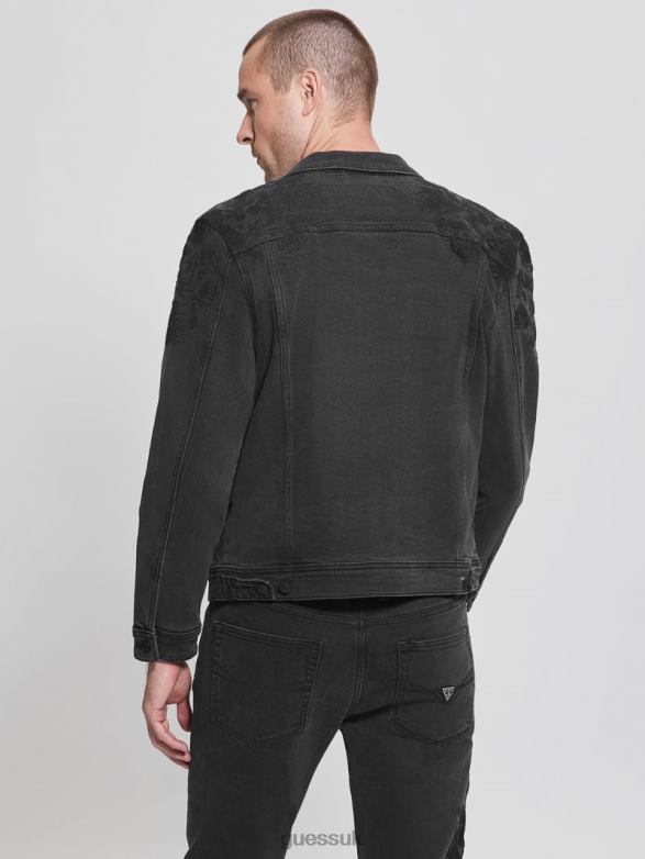 GUESS Men Dillon Embroidered Denim Jacket Jet Black Floral Apparel V28V64185