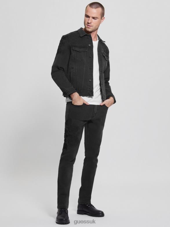 GUESS Men Dillon Embroidered Denim Jacket Jet Black Floral Apparel V28V64185