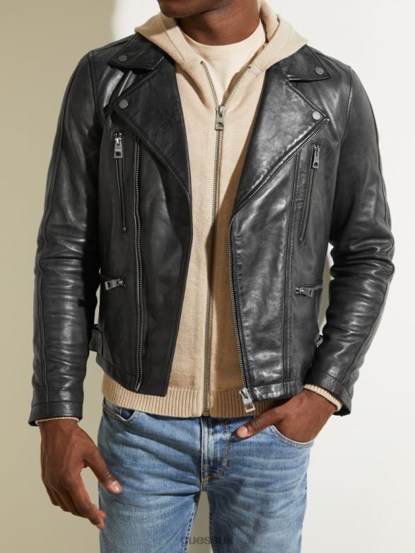 GUESS Men Leather Biker Jacket Black Apparel V28V64116