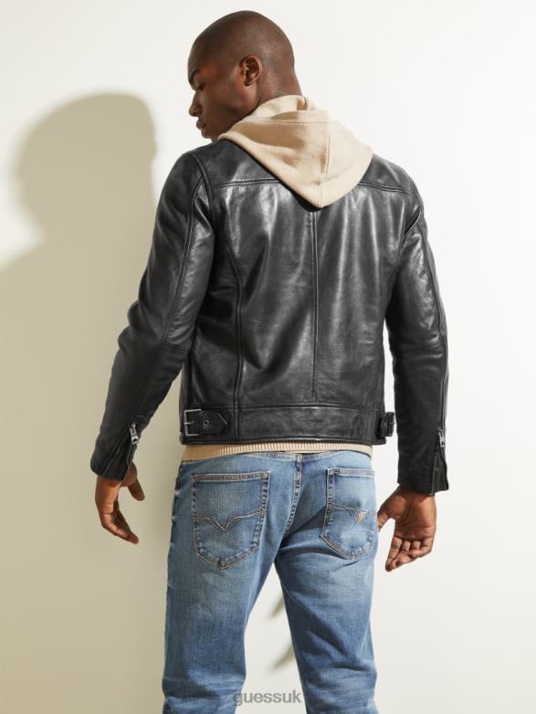 GUESS Men Leather Biker Jacket Black Apparel V28V64116