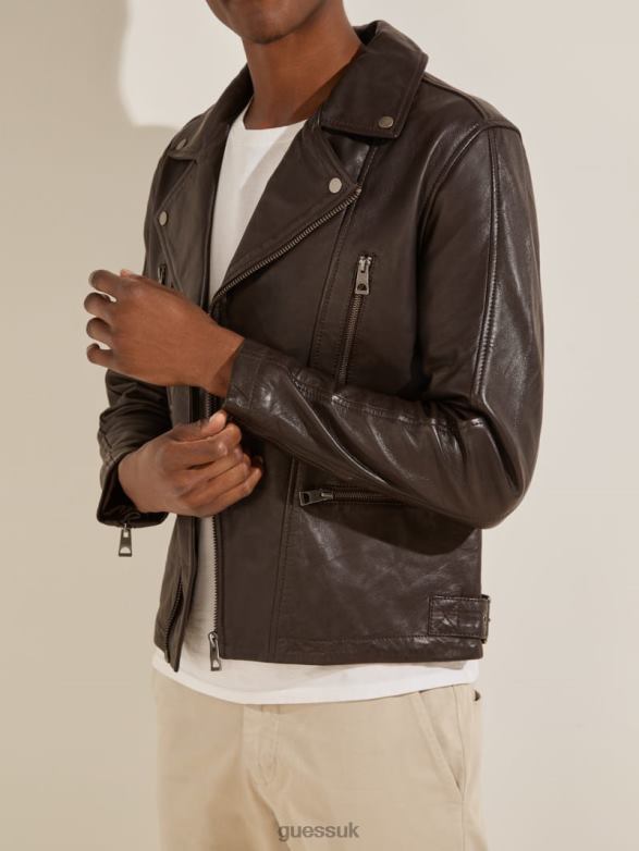 GUESS Men Leather Biker Jacket Chocolate Brownie Apparel V28V64106