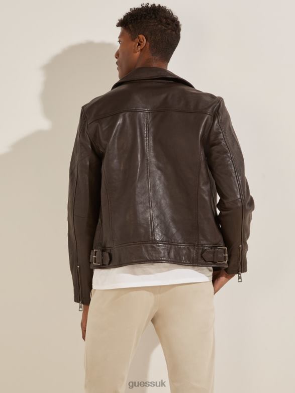 GUESS Men Leather Biker Jacket Chocolate Brownie Apparel V28V64106