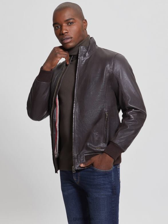 GUESS Men Soft Leather Jacket Bark Brown Apparel V28V64139