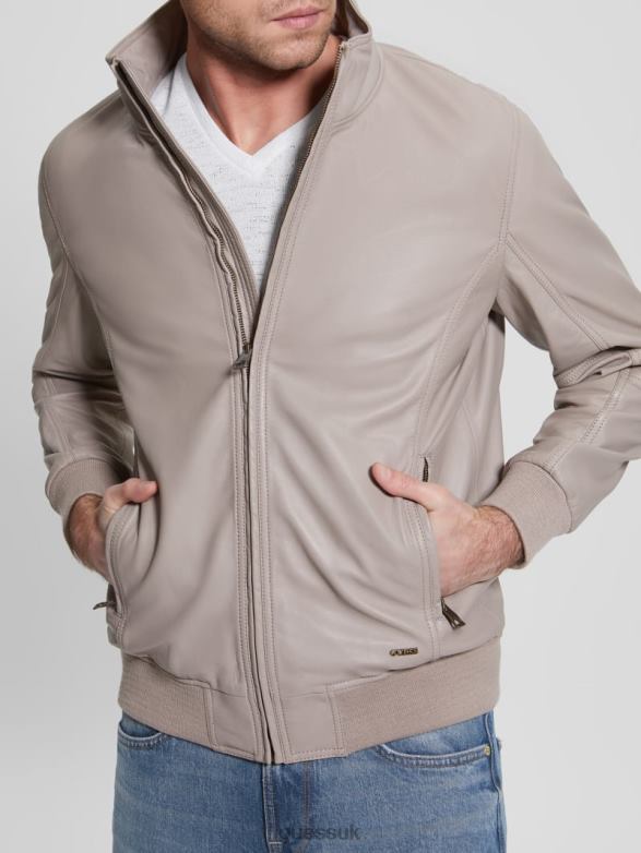 GUESS Men Soft Leather Jacket Pasadena Stone Apparel V28V63961