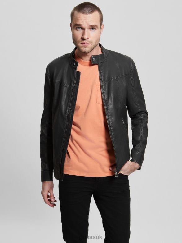GUESS Men Vintage Faux-Leather Moto Jacket Black Apparel V28V64015