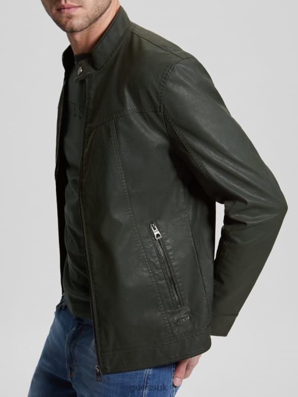 GUESS Men Vintage Faux-Leather Moto Jacket Jungle Greens Apparel V28V64158