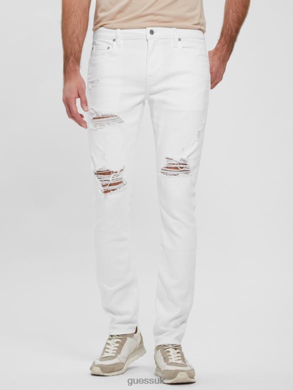 GUESS Men Eco Destroyed Skinny Jeans Optic White Destroy Apparel V28V64029