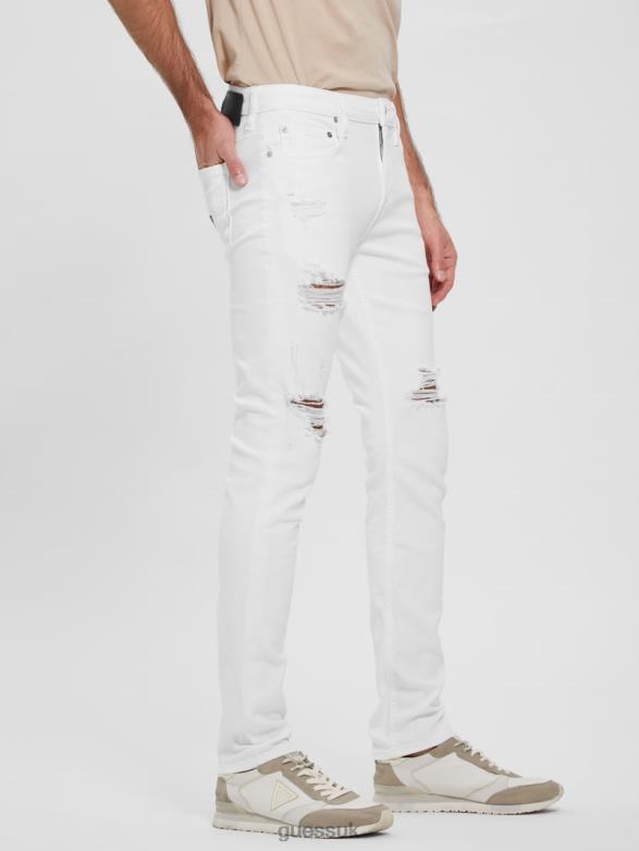 GUESS Men Eco Destroyed Skinny Jeans Optic White Destroy Apparel V28V64029