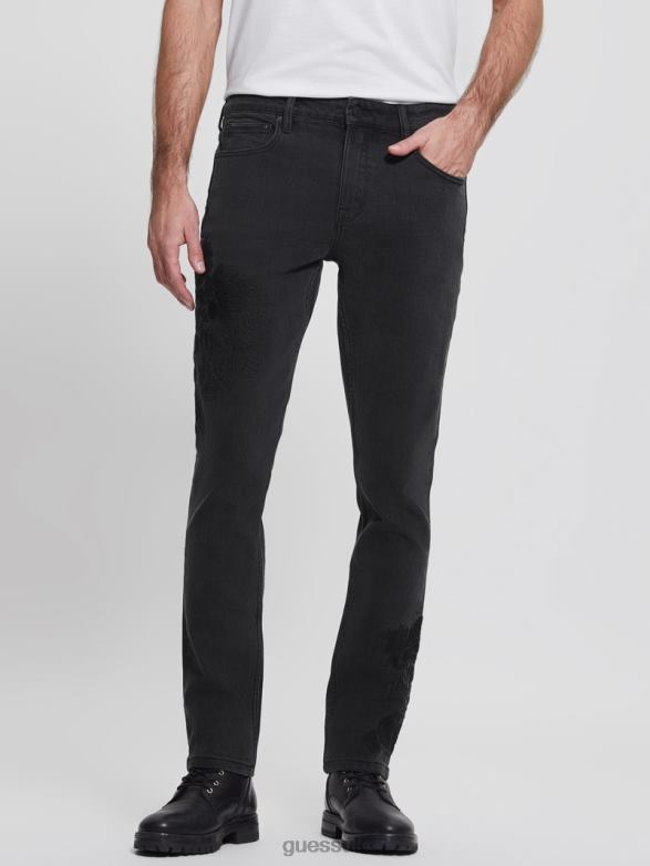 GUESS Men Embroidered Tapered Jeans Jet Black Floral Apparel V28V64173