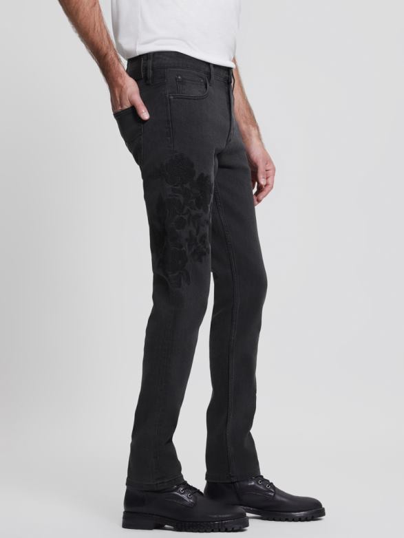 GUESS Men Embroidered Tapered Jeans Jet Black Floral Apparel V28V64173