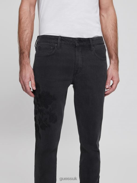 GUESS Men Embroidered Tapered Jeans Jet Black Floral Apparel V28V64173