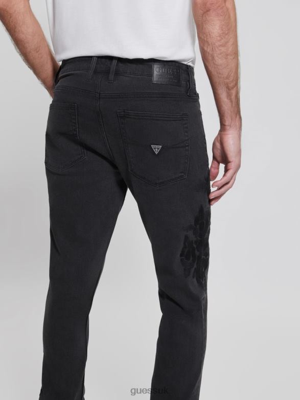 GUESS Men Embroidered Tapered Jeans Jet Black Floral Apparel V28V64173