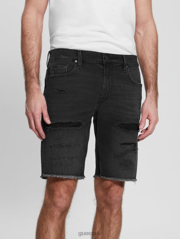 GUESS Men Rip-and-Repair Regular Fit Denim Shorts Sable Black Apparel V28V63996