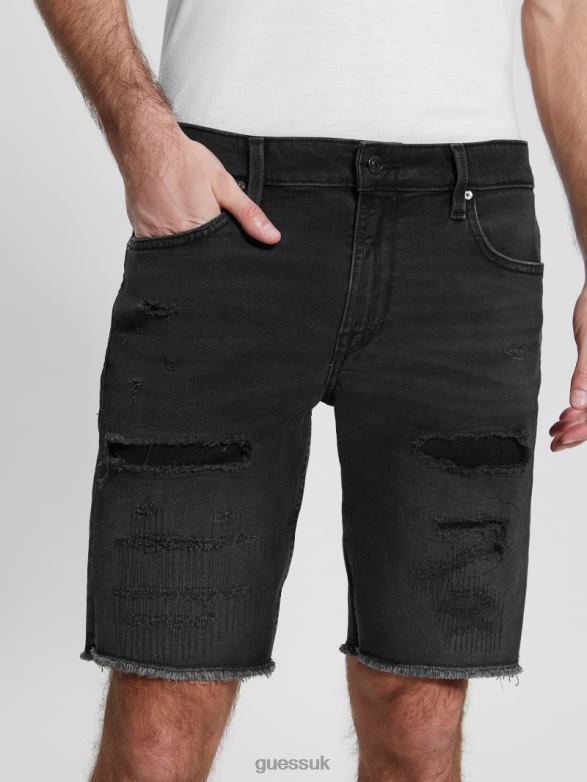 GUESS Men Rip-and-Repair Regular Fit Denim Shorts Sable Black Apparel V28V63996