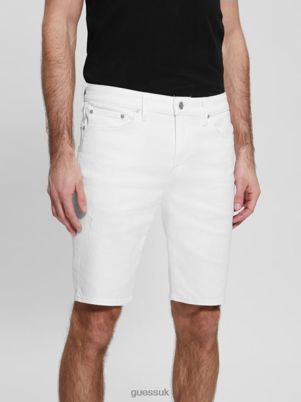 GUESS Men Slim Destroyed Denim Shorts Optic White Destroy Apparel V28V63998
