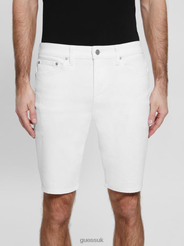 GUESS Men Slim Destroyed Denim Shorts Optic White Destroy Apparel V28V63998