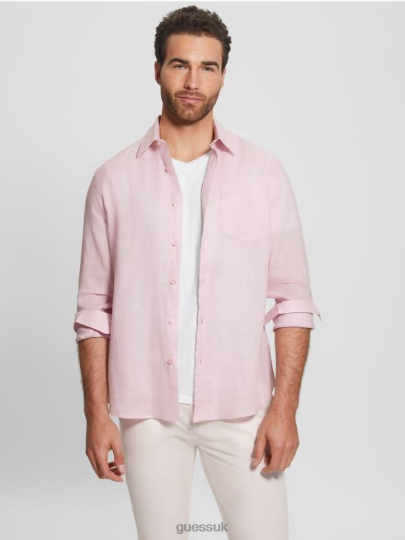 GUESS Men Eco Island Linen Shirt Airy Pink Apparel V28V64045