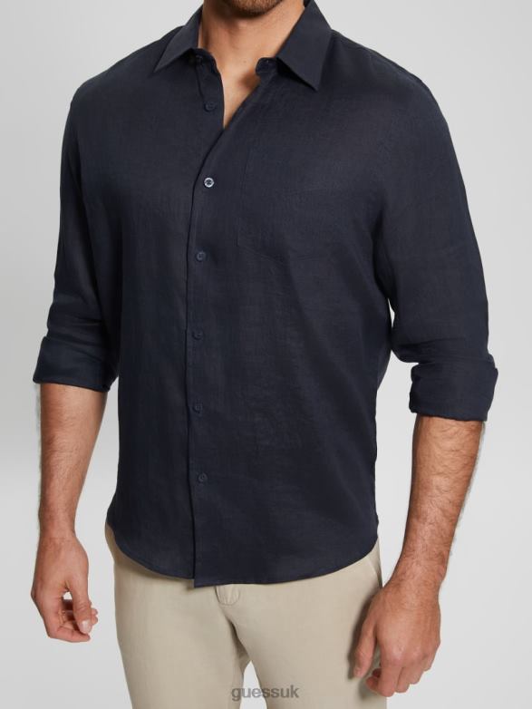 GUESS Men Eco Island Linen Shirt Bleu Elegant Apparel V28V63991
