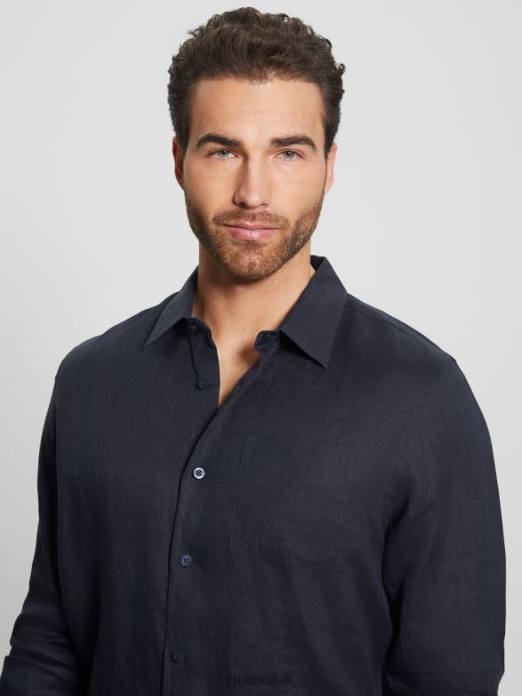 GUESS Men Eco Island Linen Shirt Bleu Elegant Apparel V28V63991