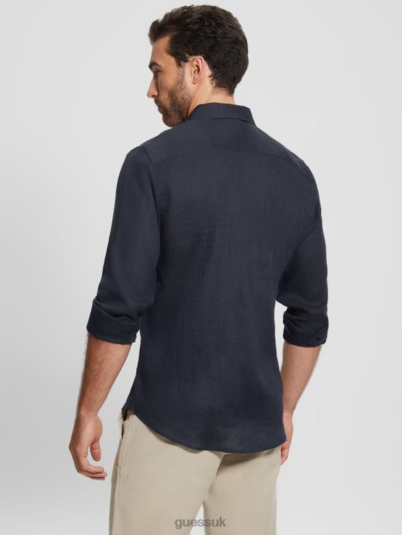 GUESS Men Eco Island Linen Shirt Bleu Elegant Apparel V28V63991
