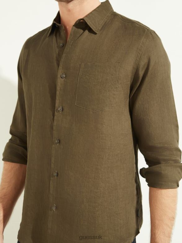 GUESS Men Eco Island Linen Shirt Green Canteen Apparel V28V64114