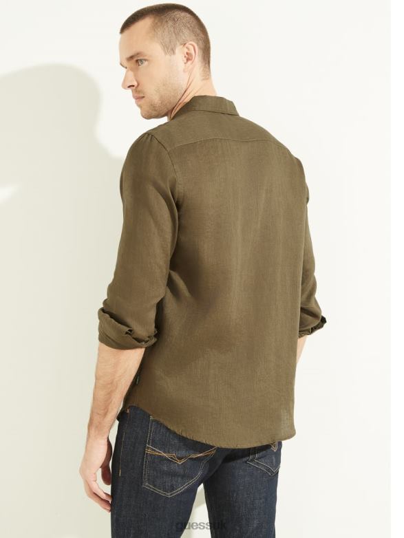 GUESS Men Eco Island Linen Shirt Green Canteen Apparel V28V64114