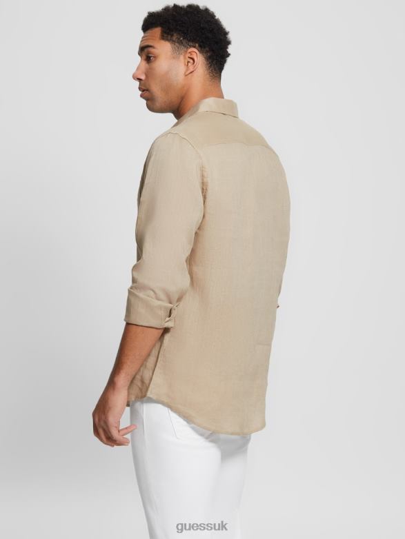 GUESS Men Eco Island Linen Shirt Natural Siena Apparel V28V63958