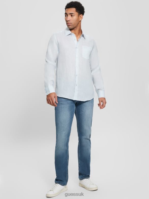 GUESS Men Eco Island Linen Shirt Polar Blue Apparel V28V63990