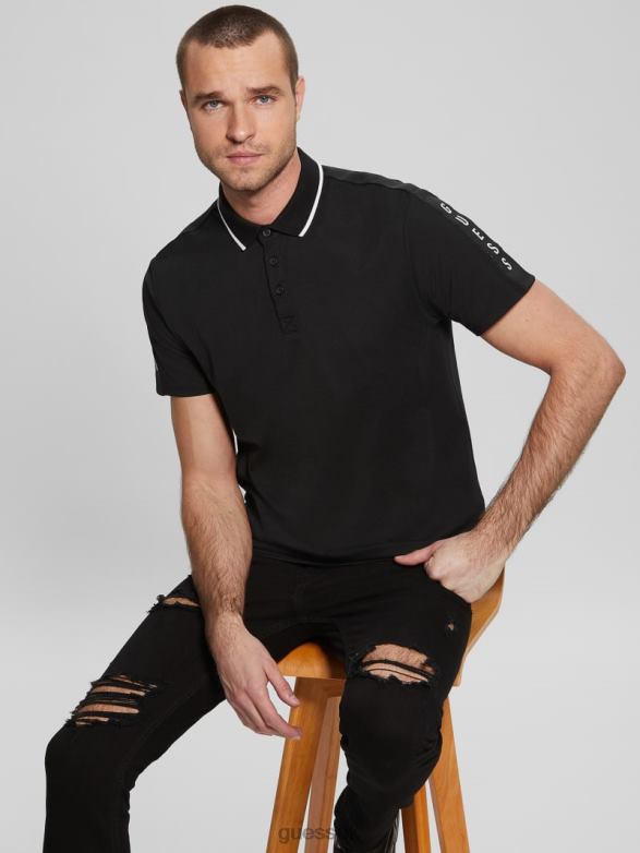 GUESS Men Paul Pique Tape Polo Shirt Black Apparel V28V64043