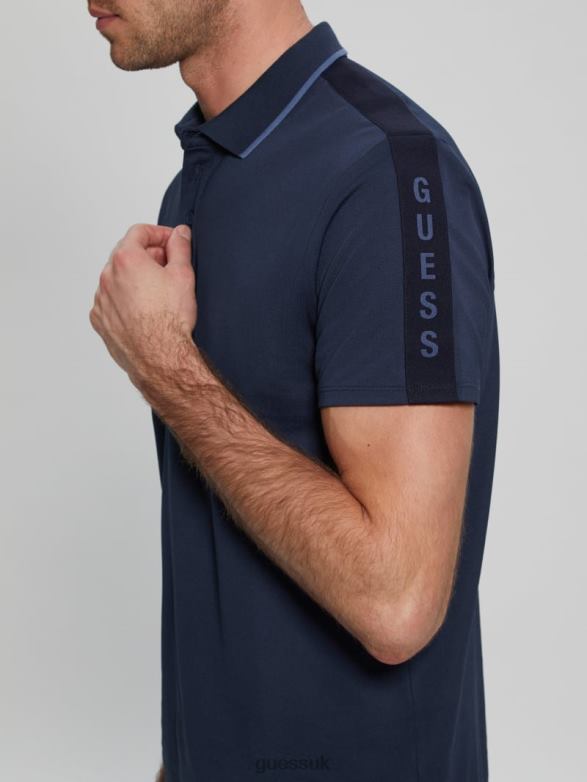GUESS Men Paul Pique Tape Polo Shirt Silk Blue Apparel V28V64033