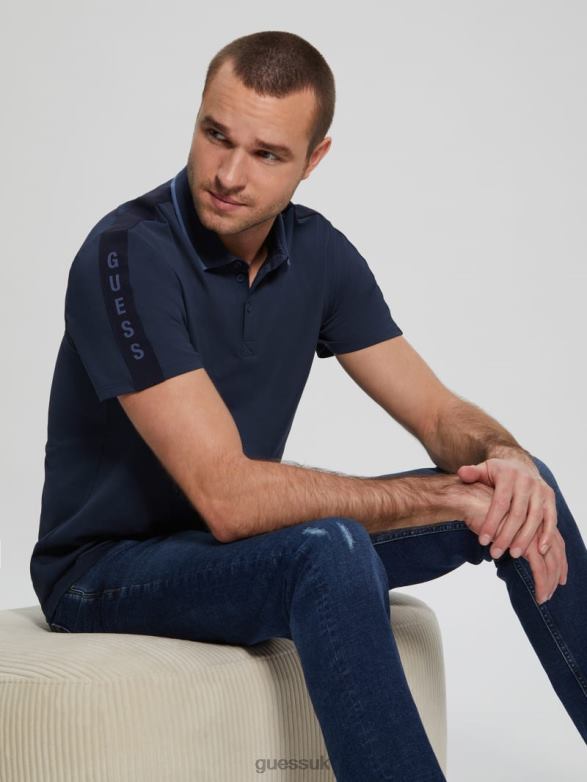 GUESS Men Paul Pique Tape Polo Shirt Silk Blue Apparel V28V64033