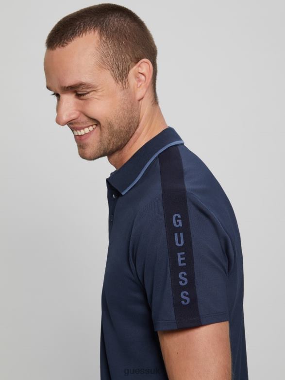 GUESS Men Paul Pique Tape Polo Shirt Silk Blue Apparel V28V64033