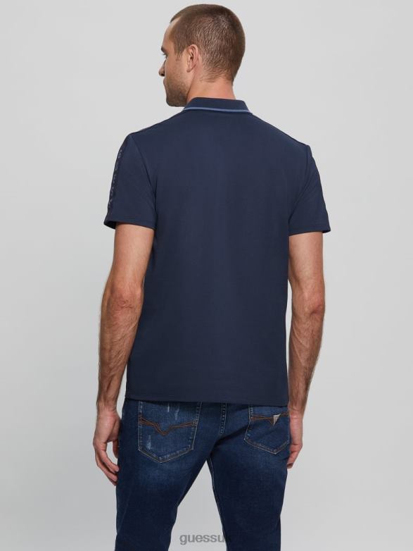 GUESS Men Paul Pique Tape Polo Shirt Silk Blue Apparel V28V64033