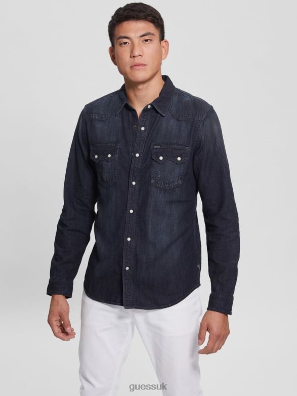 GUESS Men Regular-Fit Denim Western Shirt Midnight Fog Apparel V28V64014
