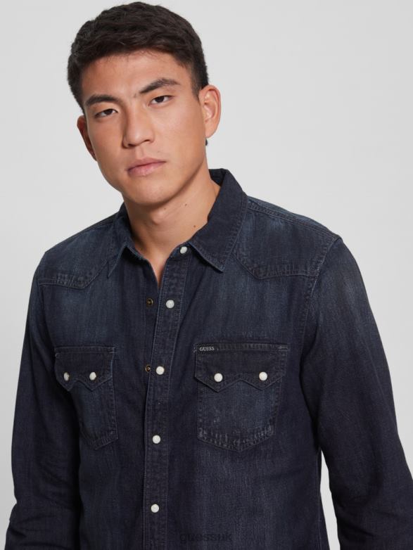 GUESS Men Regular-Fit Denim Western Shirt Midnight Fog Apparel V28V64014