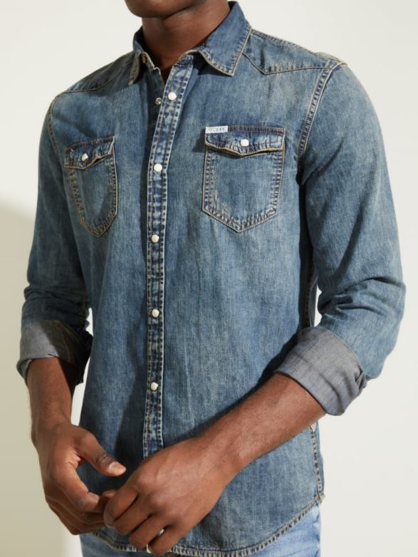 GUESS Men Truckee Denim Western Shirt Acadia Apparel V28V64069