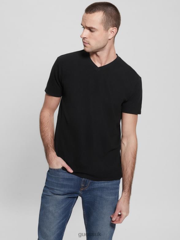 GUESS Men Eco Linen-Blend V-Neck Tee Jet Black Multi Apparel V28V64027