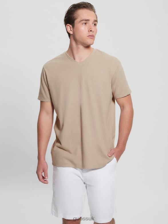 GUESS Men Eco Linen-Blend V-Neck Tee Pasadena Stone Multi Apparel V28V64032