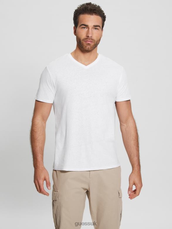 GUESS Men Eco Linen-Blend V-Neck Tee Pure White Multi Apparel V28V63992