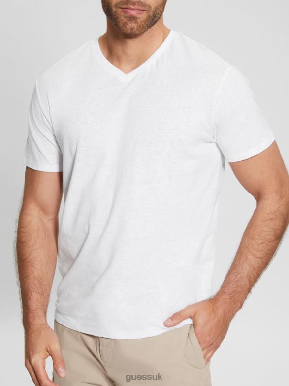 GUESS Men Eco Linen-Blend V-Neck Tee Pure White Multi Apparel V28V63992