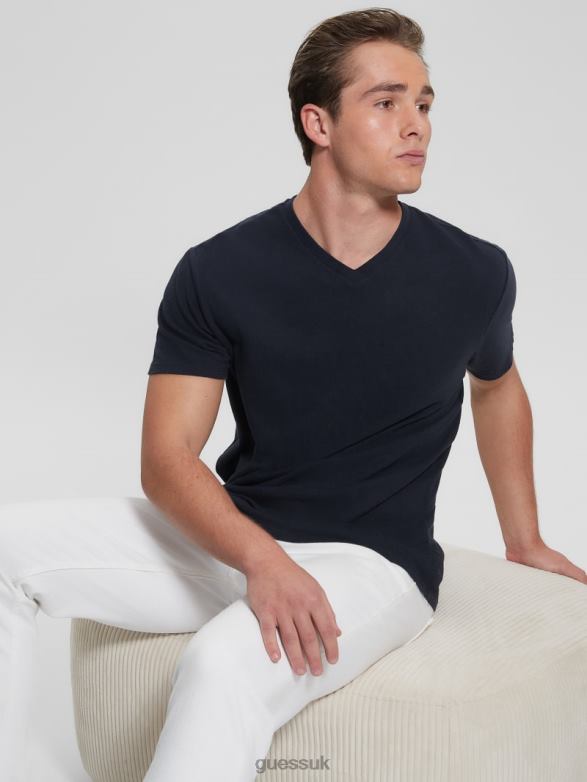 GUESS Men Eco Linen-Blend V-Neck Tee Smart Blue Multi Apparel V28V64038
