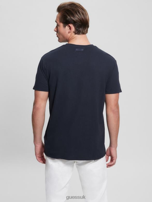 GUESS Men Eco Linen-Blend V-Neck Tee Smart Blue Multi Apparel V28V64038