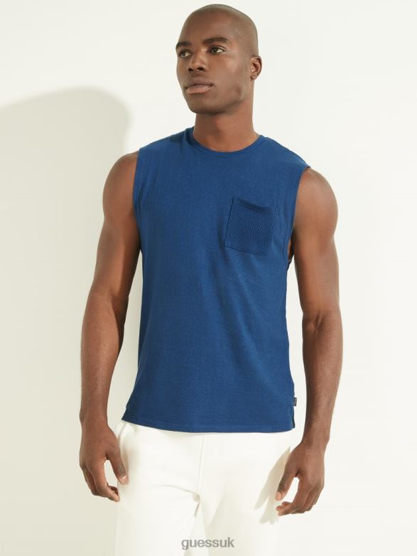 GUESS Men Hemp Cotton Muscle Tee Rigel Blue Multi Apparel V28V64073