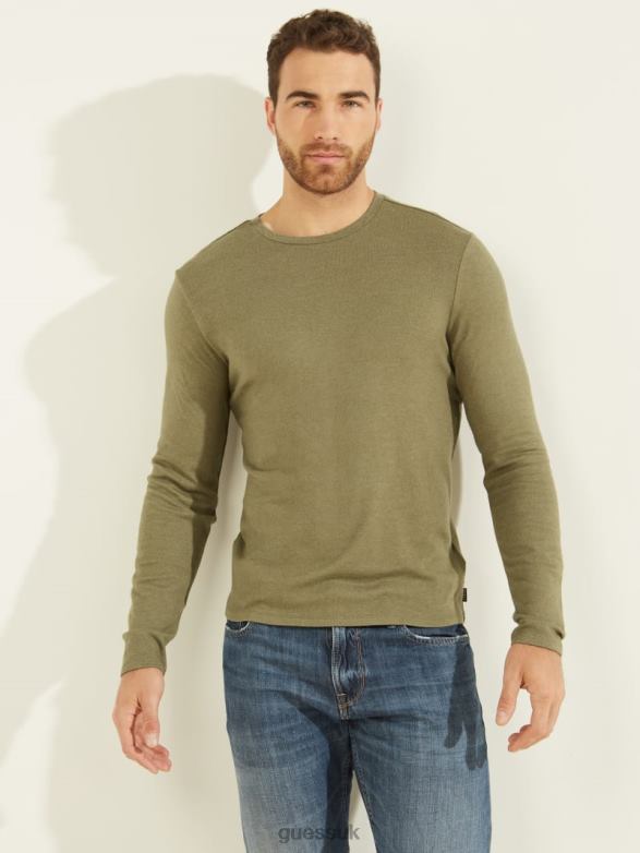 GUESS Men Long-Sleeve Cozy Tee Army Olive Multi Apparel V28V64135
