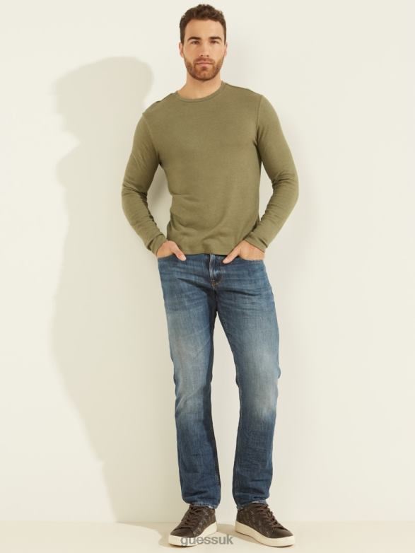 GUESS Men Long-Sleeve Cozy Tee Army Olive Multi Apparel V28V64135