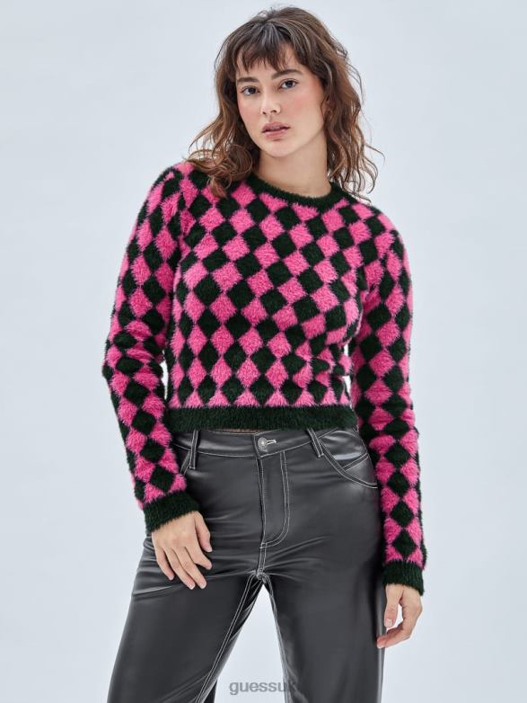 GUESS Unisex Originals Fuzzy Diamond Sweater Berry Tango Multi Apparel V28V61258