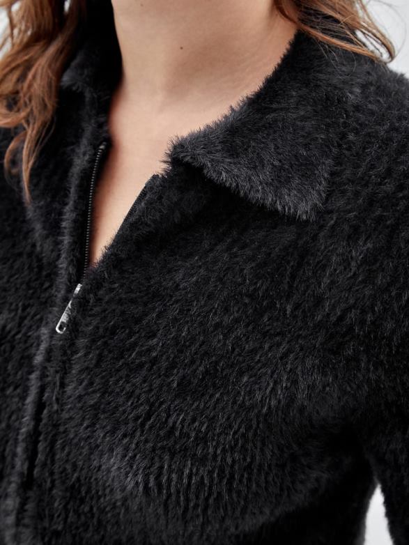 GUESS Unisex Originals Fuzzy Zip-Up Sweater Black Apparel V28V61849